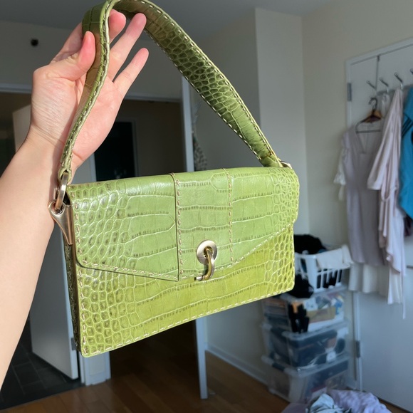Lime green croc print leather clutch top handle bag vintage Ann Taylor - Picture 3 of 8